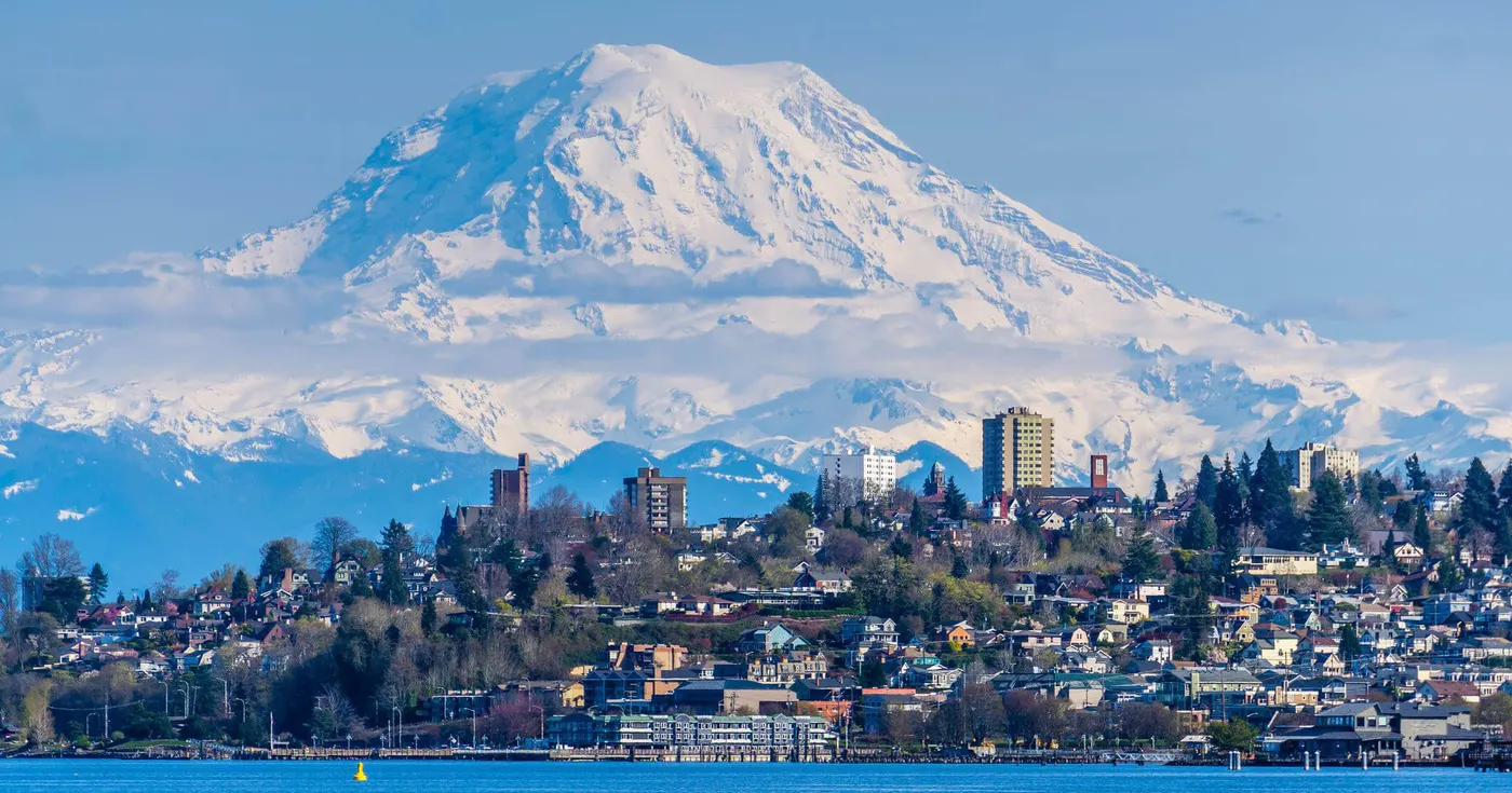 Mount Rainier rising over the Tacoma waterfront
